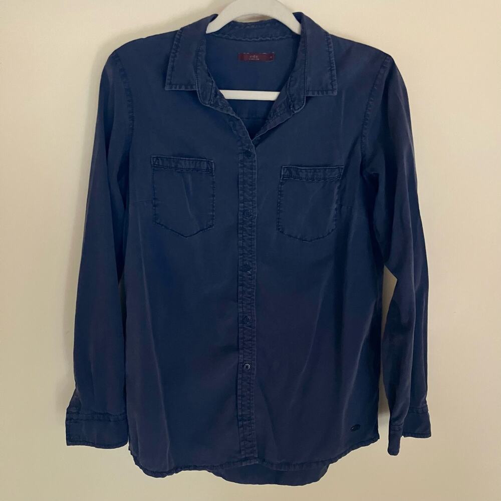 edc Espirit Blue Cotton Blend Button Down Top with Small Ruffles
